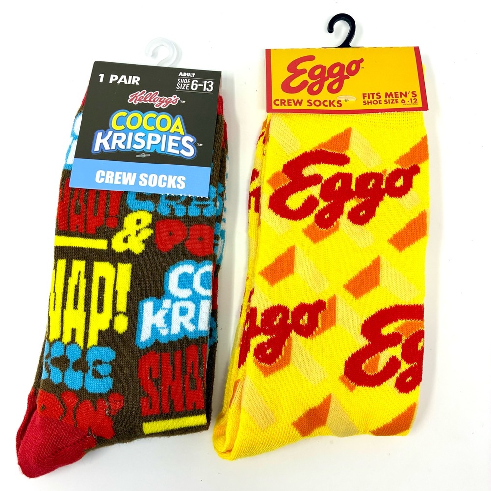 Fun Breakfast Food Men’s Crew Socks Cocoa Krispies Eggo Waffles Crazy Sock Day